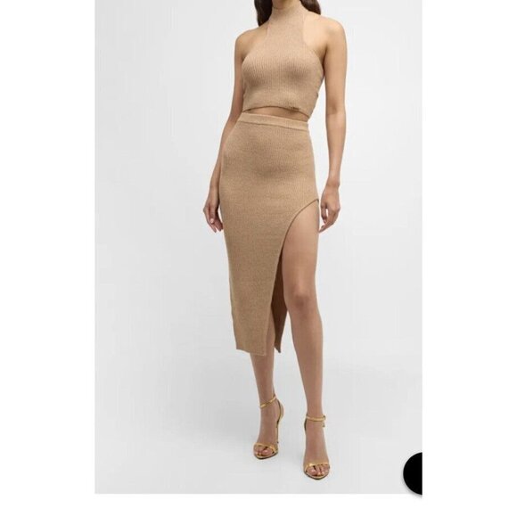 New Ser.o.ya Midi Skirt Tan Stretch Sweater Knit Bodycon Slit Medium NWTS F1 - Picture 1 of 14